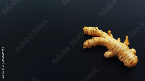 A fresh piece of ginger root on a dark background, highlighting its texture and shape. photo