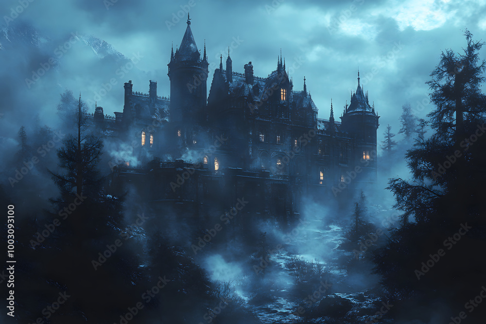 A haunting gothic castle shrouded in fog on a spooky night. Generative AI A haunting gothic castle shrouded in fog on a spooky night. Generative AI