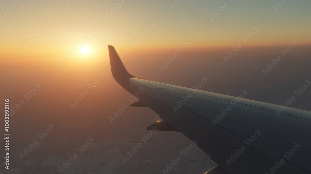 Aerial view of an airplane wing with a sunset in the background. Aerial view of an airplane wing with a sunset in the background.