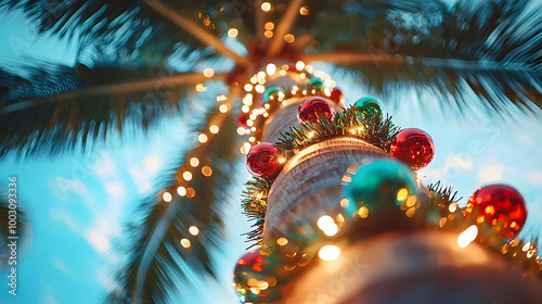 Festive palm tree adorned with Christmas lights and colorful ornaments. Generative AI