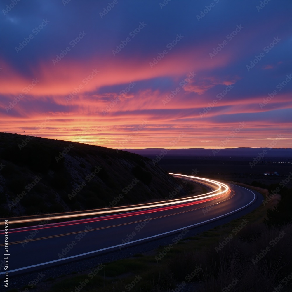Vibrant sunset scene featuring winding road with glowing light trails against serene backdrop Vibrant sunset scene featuring winding road with glowing light trails against serene backdrop