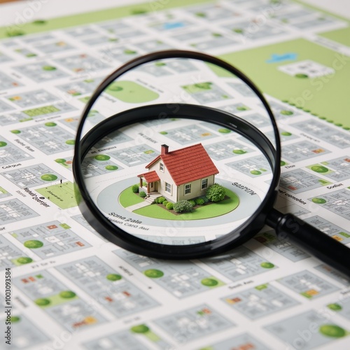 Magnifying-glass hovered over urban home on bustling neighborhood map