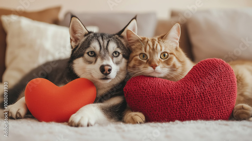 Cozy scene, husky dog and ginger cat laying with hearts, showing friendship, bonding concept photo