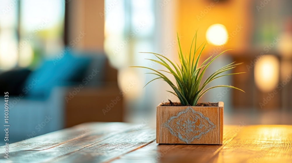 A decorative plant in a wooden pot enhances a cozy indoor space. A decorative plant in a wooden pot enhances a cozy indoor space.