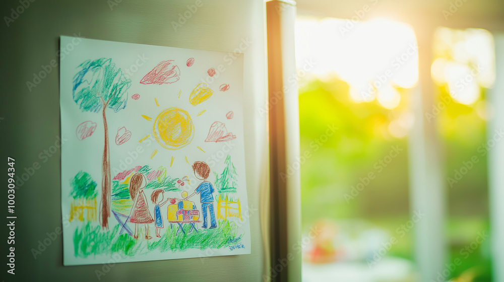 Fototapeta premium Children's drawing on fridge, sunny landscape, family picnic, colorful artwork, child's artwork concept