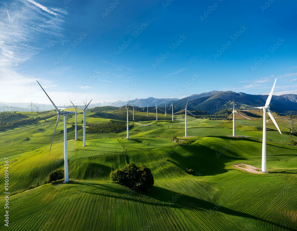 -A clean energy wind farm with large turbines spinning against a blue sky. The landscape is -A clean energy wind farm with large turbines spinning against a blue sky. The landscape is
