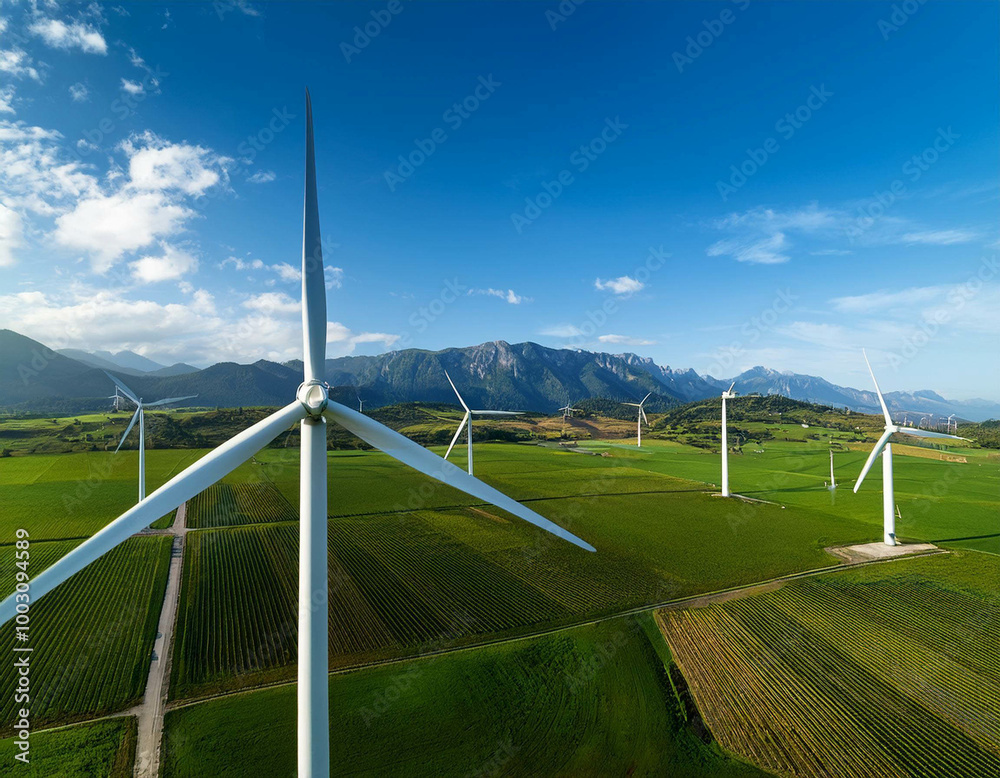 -A clean energy wind farm with large turbines spinning against a blue sky. The landscape is -A clean energy wind farm with large turbines spinning against a blue sky. The landscape is