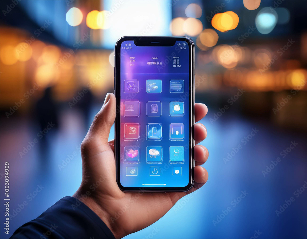 Obraz premium A close-up of a hand holding a smartphone, with a bright, user-friendly app interface displa