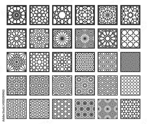 Set decorative square panels for cutting. Arabic geometric pattern.