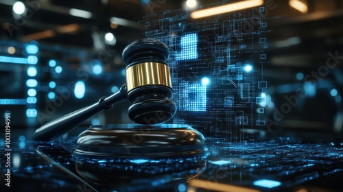 A courtroom gavel in a modern digital jurisdiction concept, AI and digital technology challenges with legal compliance