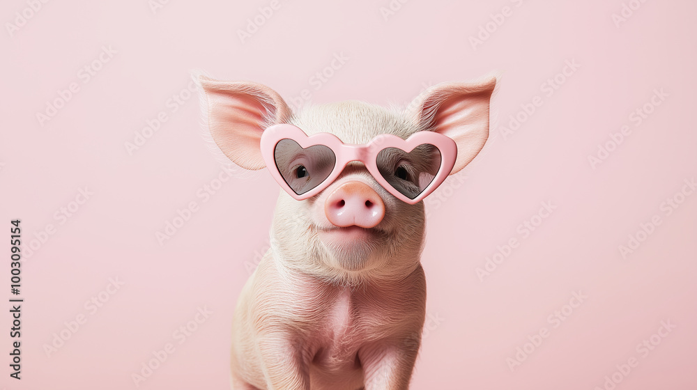 Naklejka premium Adorable piglet wearing pink heart-shaped sunglasses on pastel background, cute farm animal fashion concept
