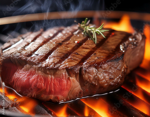 A close-up of a perfectly seared steak, showing the caramelized, charred crust with visible photo