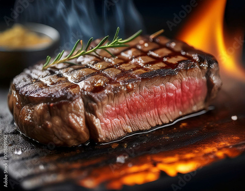 A close-up of a perfectly seared steak, showing the caramelized, charred crust with visible photo