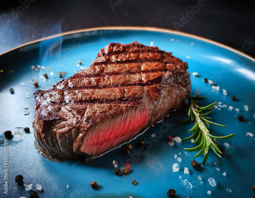 A close-up of a perfectly seared steak, showing the caramelized, charred crust with visible photo