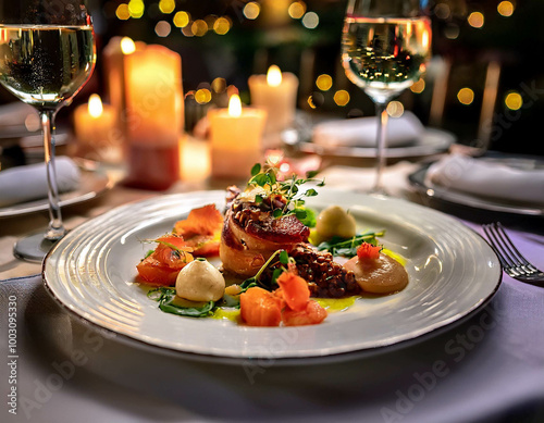 A close-up of a plate of gourmet food in a fine dining restaurant. The dish is artfully arra photo