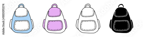 Set of backpacks featuring colored illustrations, black silhouette, and black outline versions. Isolated on white background. Concept of school accessories, travel, education. Design elements.