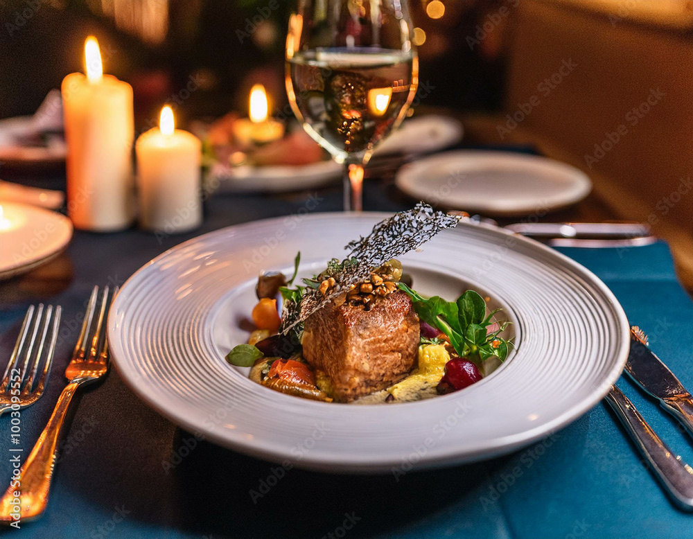 A close-up of a plate of gourmet food in a fine dining restaurant. The dish is artfully arra A close-up of a plate of gourmet food in a fine dining restaurant. The dish is artfully arra