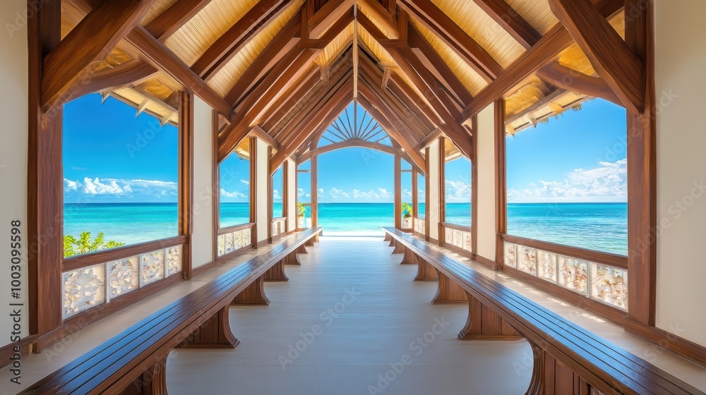 A serene wooden structure overlooking a tranquil ocean view with benches for relaxation. A serene wooden structure overlooking a tranquil ocean view with benches for relaxation.