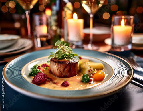 A close-up of a plate of gourmet food in a fine dining restaurant. The dish is artfully arra photo