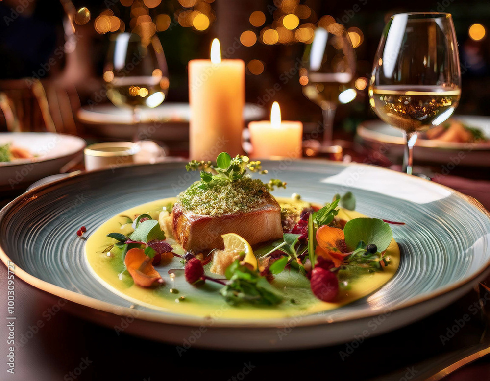 A close-up of a plate of gourmet food in a fine dining restaurant. The dish is artfully arra A close-up of a plate of gourmet food in a fine dining restaurant. The dish is artfully arra