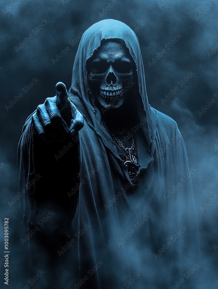 Skeletal figure in cloak reaches through mist with haunting mood. Skeletal figure in cloak reaches through mist with haunting mood.