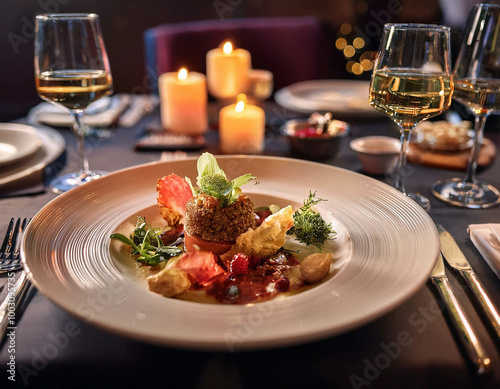 A close-up of a plate of gourmet food in a fine dining restaurant. The dish is artfully arra photo