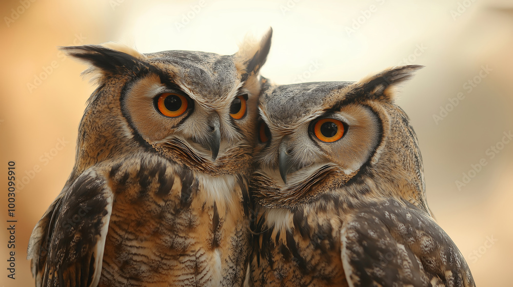 Fototapeta premium Closeup of two Eurasian eagle owls with striking orange eyes, detailed feathers, and expressive faces, wildlife nature concept
