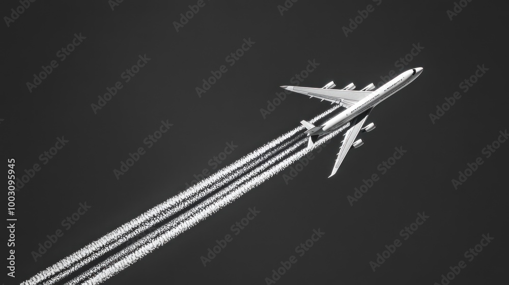 An airplane flying high, leaving a trail of contrails against a monochrome sky. An airplane flying high, leaving a trail of contrails against a monochrome sky.
