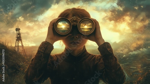 A person looking through binoculars towards the foresight and vision necessary for goal setting photo