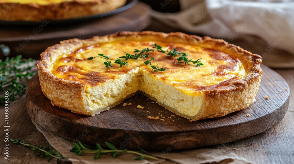 A delicious cheese tart with a slice removed, garnished with fresh thyme on a wooden board. A delicious cheese tart with a slice removed, garnished with fresh thyme on a wooden board.