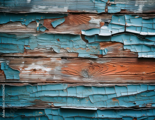 A close-up of cracked, peeling paint on an old wooden wall, revealing the rough texture unde photo