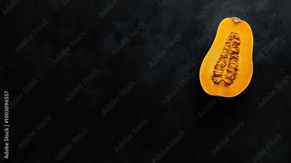 A halved butternut squash on a dark surface, highlighting its vibrant color and texture. A halved butternut squash on a dark surface, highlighting its vibrant color and texture.
