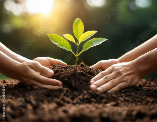 A close-up of hands planting a small sapling in rich, dark soil, symbolizing growth, renewal