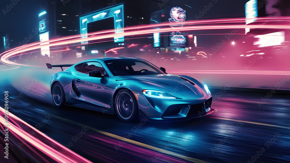 Side view of a sports car speeding in the city center. Side view of a sports car speeding in the city center.