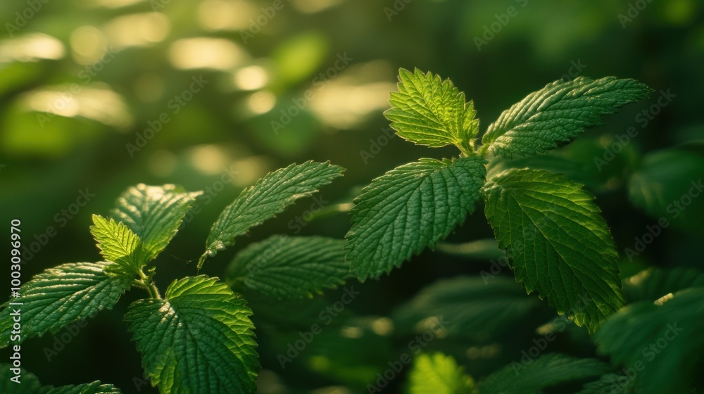 Close-up of vibrant green leaves illuminated by soft light. Close-up of vibrant green leaves illuminated by soft light.