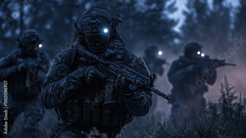 A stealthy night operation by modern special forces, equipped with night vision goggles and moving silently through a hostile environment, illustrating the precision