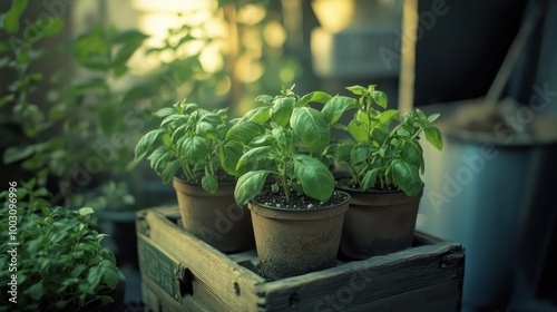 Three potted basil plants in a wooden crate, showcasing a serene gardening atmosphere.