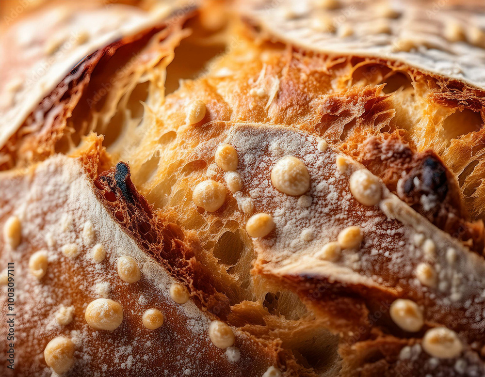 A close-up of the crispy crust of freshly baked bread, showing air bubbles and rough texture