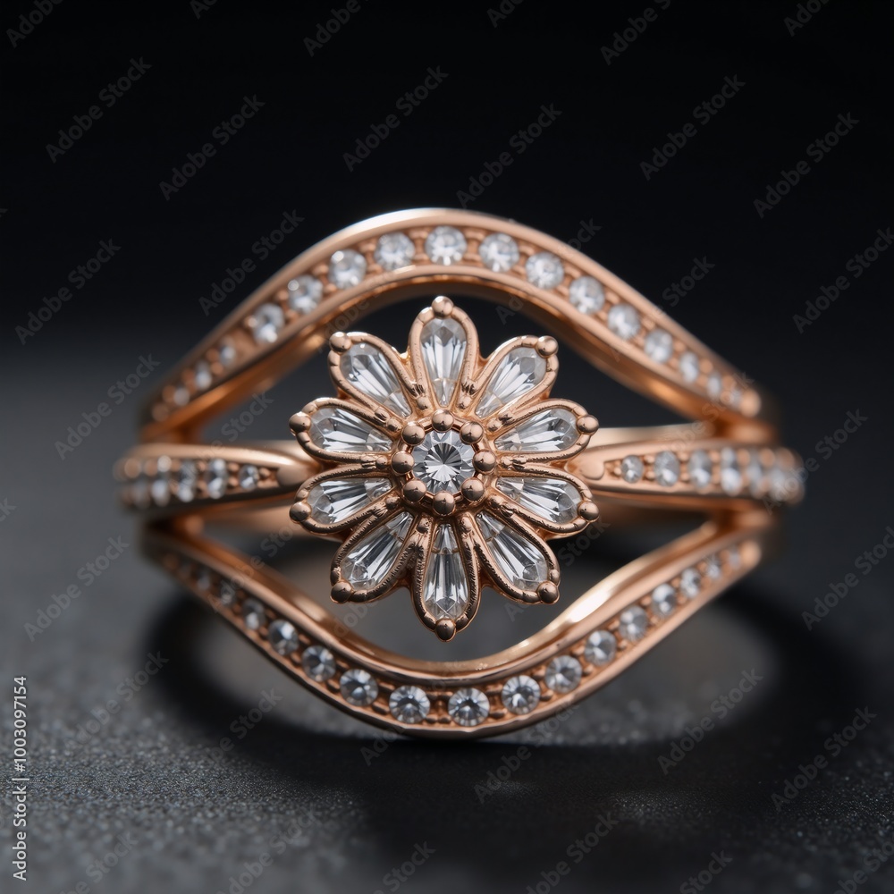 Close-up portrait of a diamond-encrusted ring featuring a central floral motif Close-up portrait of a diamond-encrusted ring featuring a central floral motif