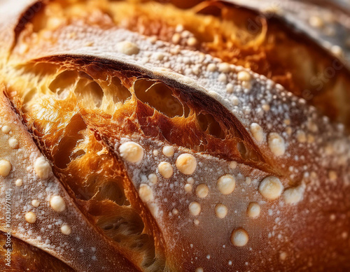 A close-up of the crispy crust of freshly baked bread, showing air bubbles and rough texture photo