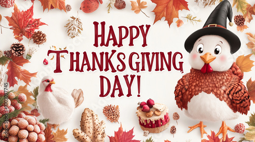 Funny happy thanksgiving greeting card on beige background.