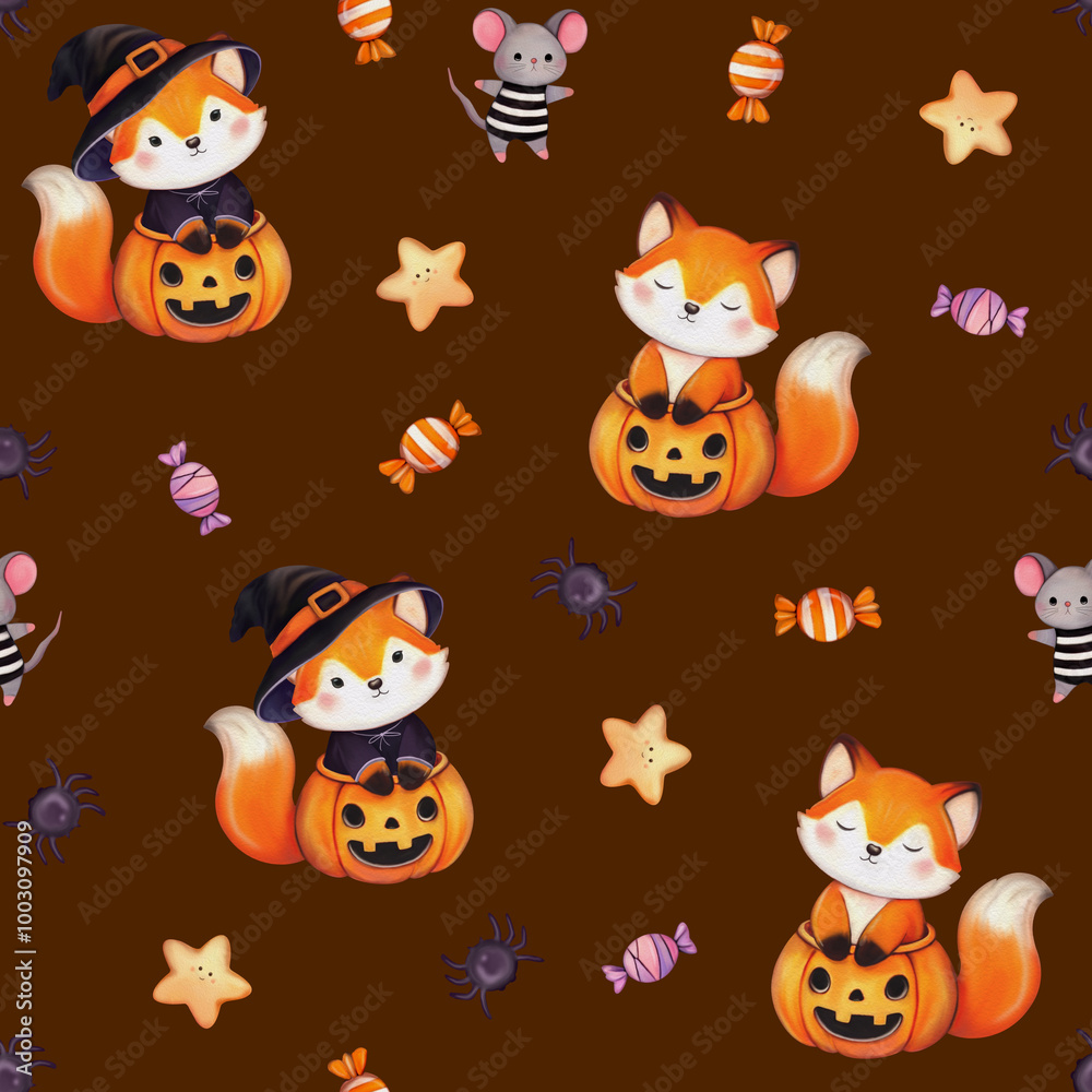 Seamless Halloween pattern featuring foxes, pumpkins, witch hats, candies, mice, and stars in a whimsical, festive design. Perfect for autumn decorations, fabric, packaging, and seasonal party themes Seamless Halloween pattern featuring foxes, pumpkins, witch hats, candies, mice, and stars in a whimsical, festive design. Perfect for autumn decorations, fabric, packaging, and seasonal party themes