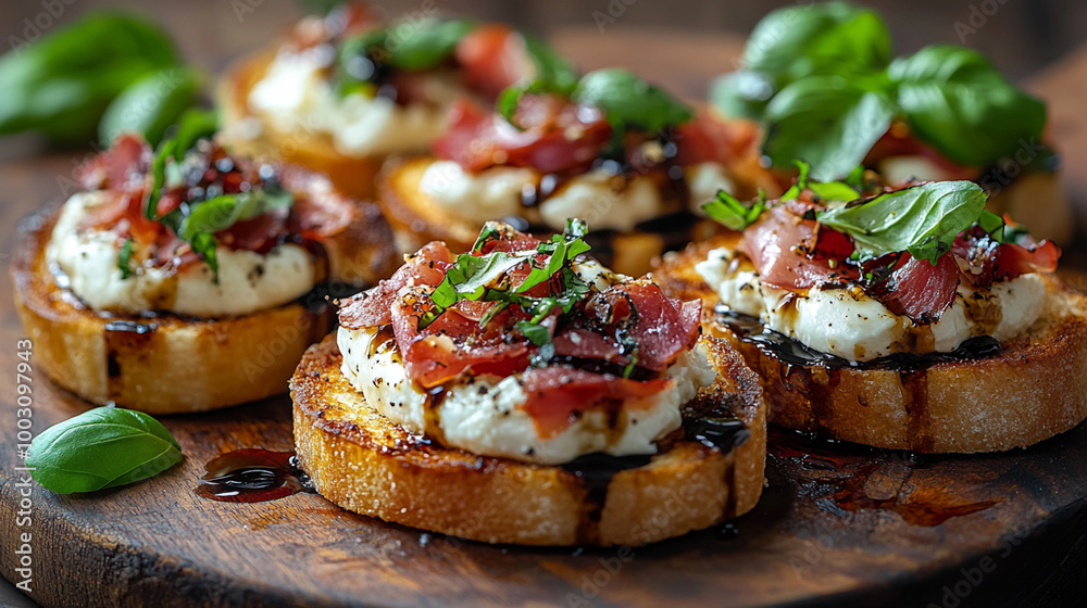 Italian bruschetta with prosciutto, burrata cheese and fresh basil. Small sandwiches or toasted crostini on rustic wooden board Italian bruschetta with prosciutto, burrata cheese and fresh basil. Small sandwiches or toasted crostini on rustic wooden board