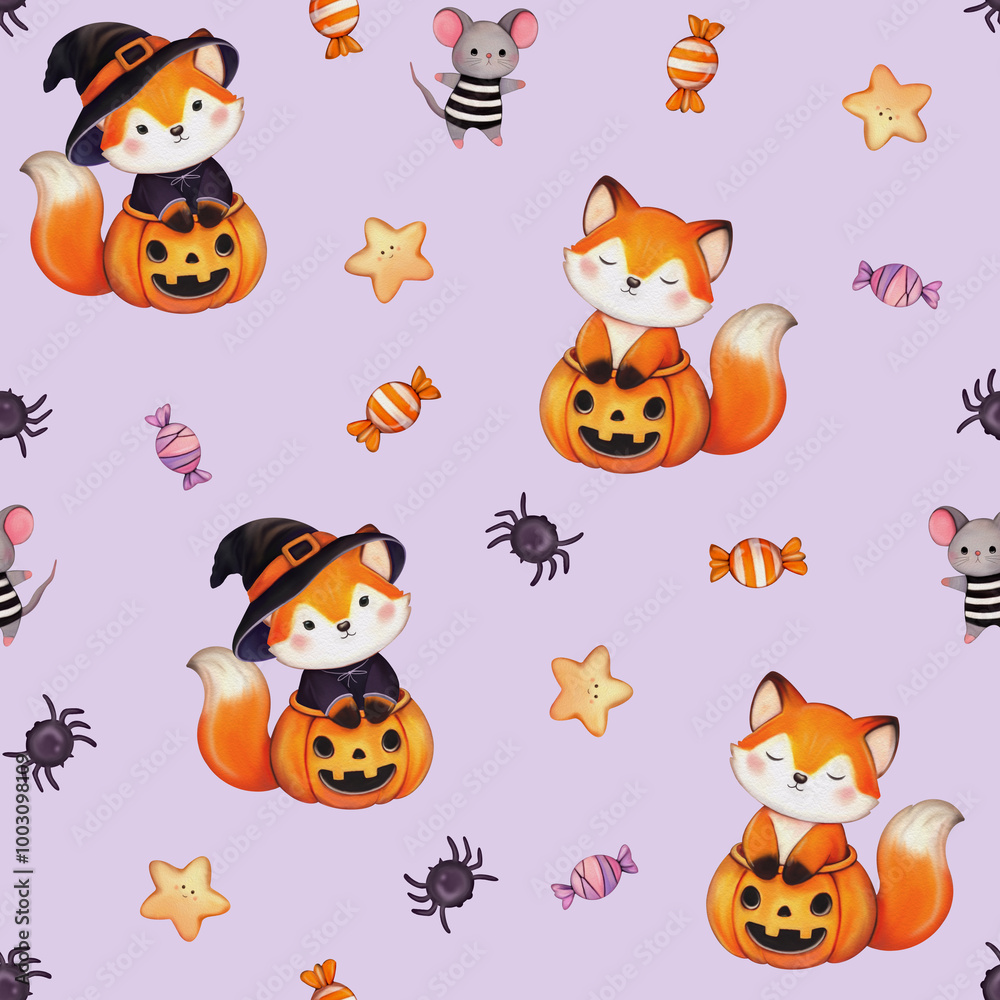Obraz premium Seamless Halloween pattern featuring foxes, pumpkins, witch hats, candies, mice, and stars in a whimsical, festive design. Perfect for autumn decorations, fabric, packaging, and seasonal party themes 