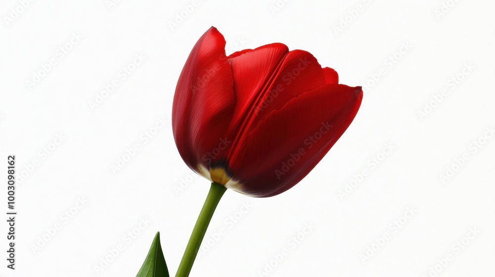 A vibrant red tulip against a white background, showcasing its delicate petals and stem. A vibrant red tulip against a white background, showcasing its delicate petals and stem.