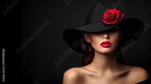 Elegant female model in retro hat with red lips and rose flower against a dark background