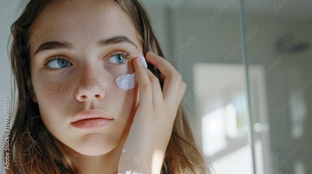 Teen girl applying skincare product , self-care skincare routine Teen girl applying skincare product , self-care skincare routine