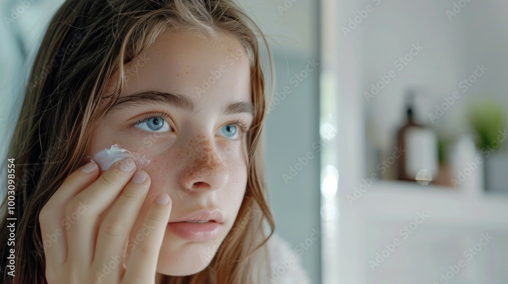 Teen girl applying skincare product , self-care skincare routine Teen girl applying skincare product , self-care skincare routine
