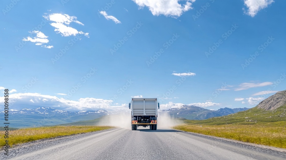 Truck Driving on Open Road with Scenic Background Truck Driving on Open Road with Scenic Background
