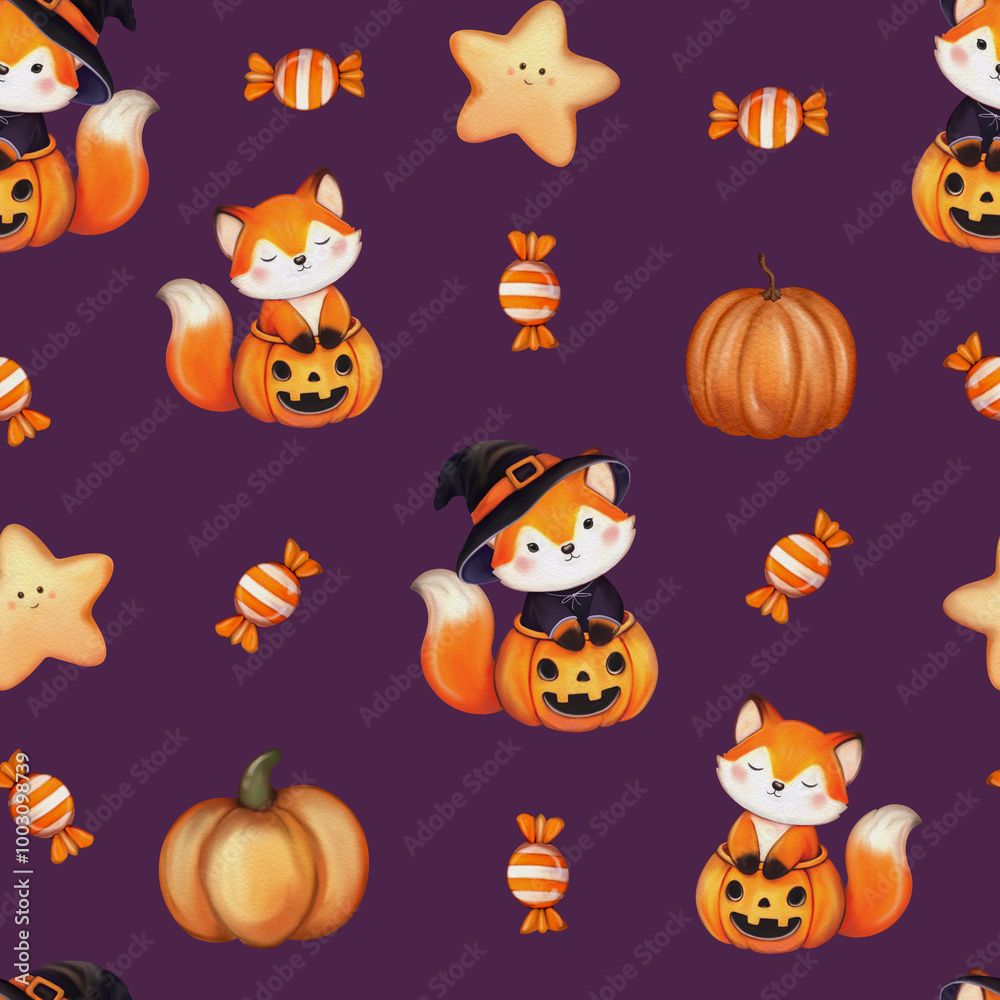 Obraz premium Halloween Candy Delight: A Seamless Pattern Featuring Lollipops, Chupa Chups, Pumpkins, and Foxes in a Cute and Spooky Style for Festive Wrapping Paper, Textiles, Kids’ Apparel, and Seasonal Design Pr
